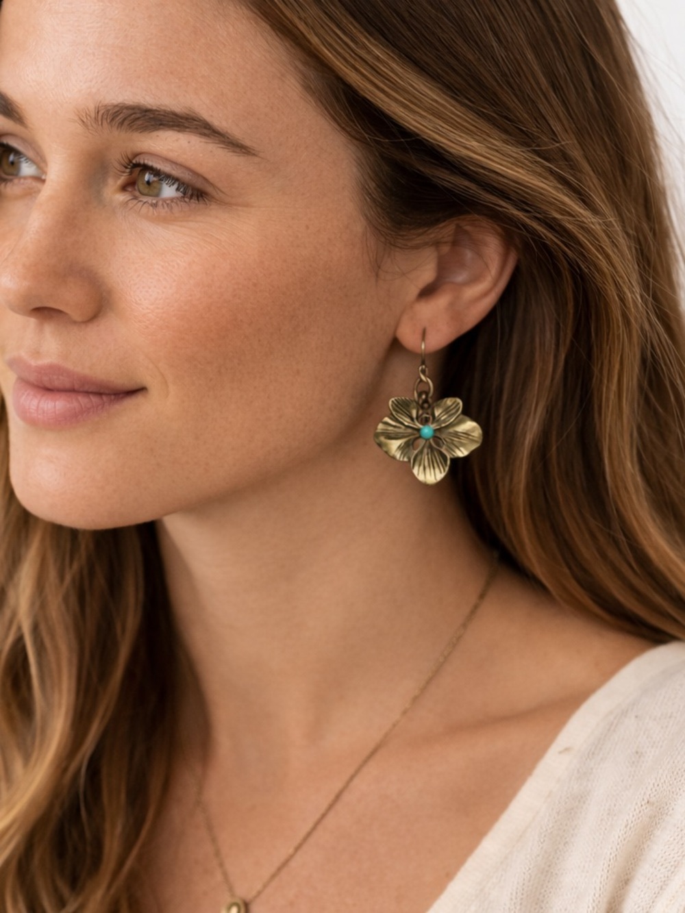 Turquoise Boho Brass Flower Earrings Antique Bronze Floral Dangle Vintage Style - Picture 3 of 7